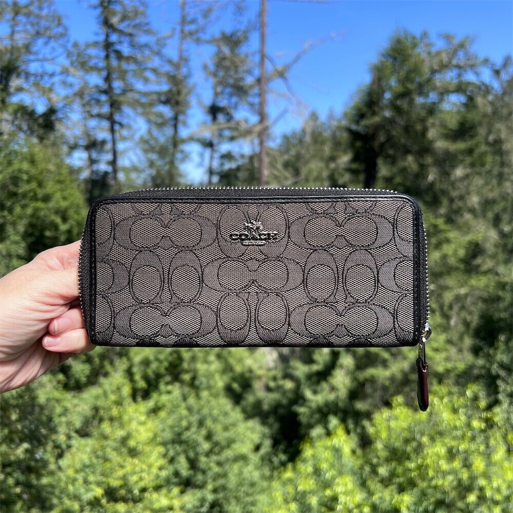 COACH Long Zip-Around Wallet BLK/GRY Signature Jacquard Silver Hardware AUTHENTC